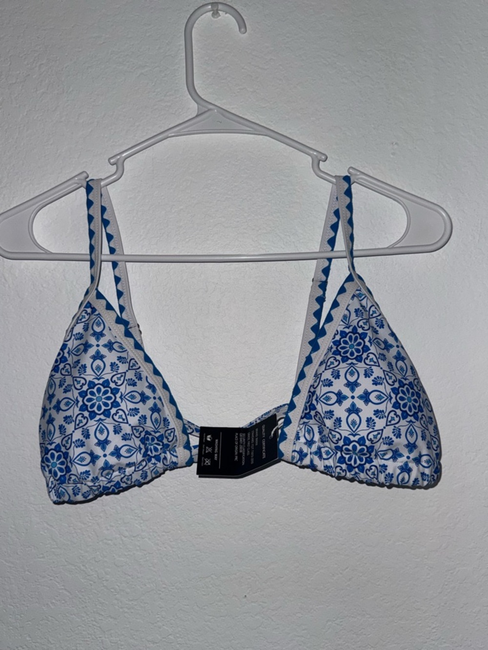 Blue and White Floral Triangle Bikini Top